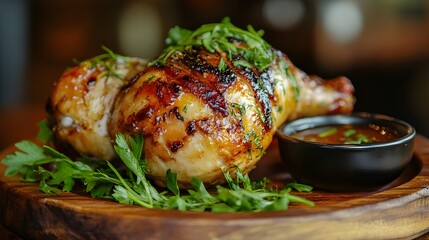 Wall Mural - Grilled Chicken Leg with Herbs and Sauce