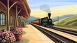 © aritha - A vintage steam train arriving at a picturesque station surrounded by mountains and flowers.