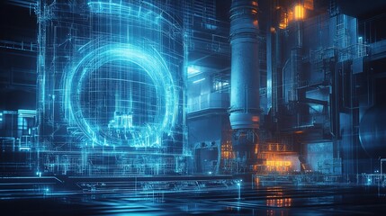 Poster - Futuristic Digital Art Rendering of Nuclear Power Plant with Glow