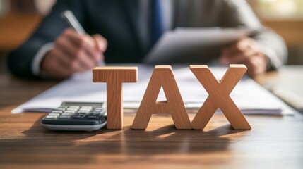 Poster - A professional setting featuring a person preparing tax documents, with wooden letters spelling 