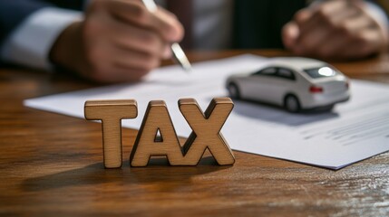 Poster - A person is filling out tax documents with a wooden 