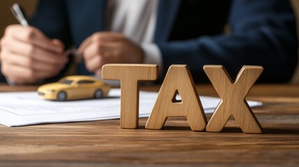 Poster - A person is signing documents related to taxes, with a wooden 