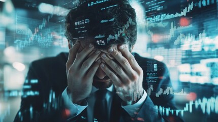 Leinwandbilder - A stressed businessman with hands on his face, surrounded by digital financial data, evokes tension and anxiety in a corporate setting.