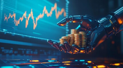 Fototapete - A robotic hand holds a stack of coins against a backdrop of financial data, symbolizing the intersection of technology and finance.