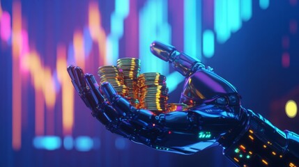 Leinwandbilder - A futuristic robotic hand holds stacked gold coins, symbolizing wealth and technology amidst a vibrant, digital backdrop.