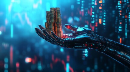 Poster - A futuristic robotic hand holds glowing coins amidst a digital backdrop of binary code, symbolizing technology and finance.