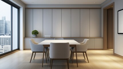 Poster - Modern office meeting room overlooking city skyline with elegant table and chairs