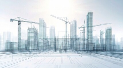Poster - 3D Wireframe City Design with Skyscrapers and Construction Cranes