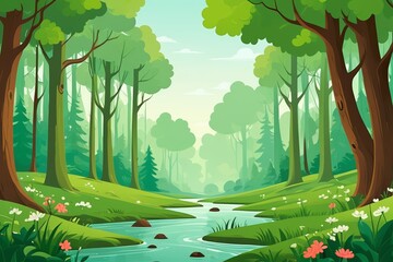 Wall Mural - illustration of a cartoon forest with a river and trees