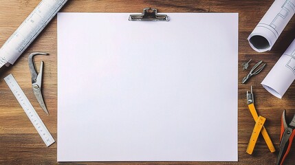 Poster - Blank White Paper with Construction Tools and Blueprints Surrounding