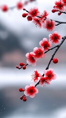 Wall Mural - A branch with red flowers on a cloudy day