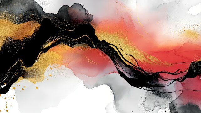 Artistic abstract ink wash design with bold black lines, radiant red highlights, and golden textures.