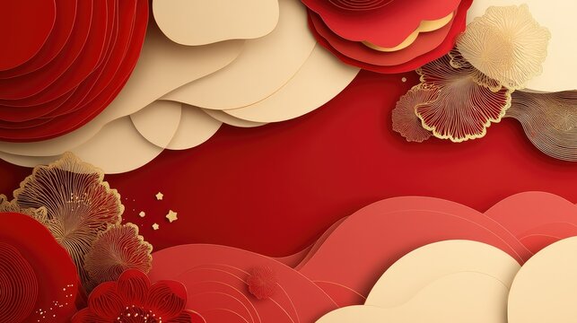 Artistic abstract New Year design with paper-cutting effects, showcasing layered red and gold elements.