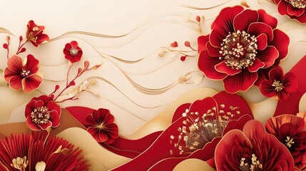 Fototapete - Artistic abstract New Year design with paper-cutting effects, showcasing layered red and gold elements.