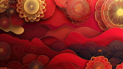 Fototapete - Artistic abstract New Year design with paper-cutting-inspired layers, bold red tones, and glowing gold highlights.