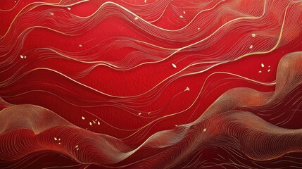Fototapete - Artistic abstract red envelope with flowing lines and intricate gold details, merging tradition with modernity.