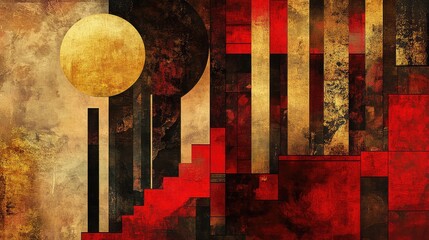 Poster - Artistic abstract temple design blending geometric shapes, vibrant red hues, and intricate gold textures