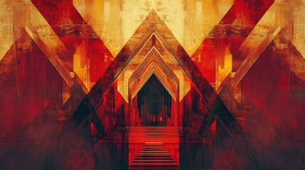 Poster - Artistic abstract temple design blending geometric shapes, vibrant red hues, and intricate gold textures