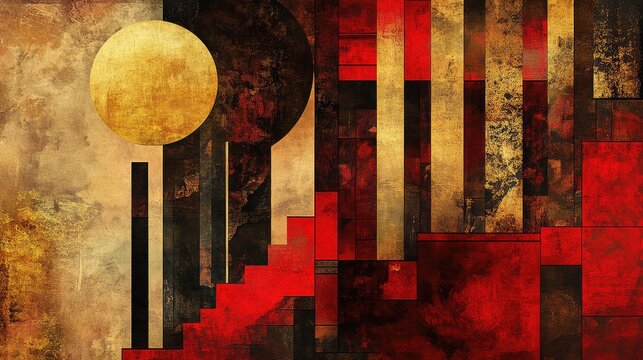 Artistic abstract temple design blending geometric shapes, vibrant red hues, and intricate gold textures