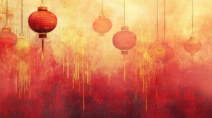 Poster - Artistic blend of lantern shapes with gold streaks and soft red gradients creating a festive abstract design.