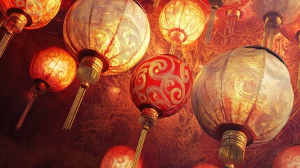 Poster - Artistic depiction of Chinese New Year lanterns with swirling gold patterns and radiant edges.
