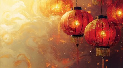 Poster - Artistic depiction of Chinese New Year lanterns with swirling gold patterns and radiant edges.