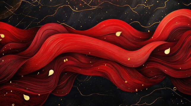 Artistic hand-drawn abstract New Year design featuring bold red waves accented by delicate golden details.