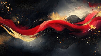 Wall Mural - Artistic ink wash New Year design with fluid black lines, glowing red accents, and golden highlights.