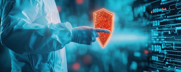 Aufkleber - A digital security concept featuring a hand pointing at a glowing shield symbol, representing protection against cyber threats.