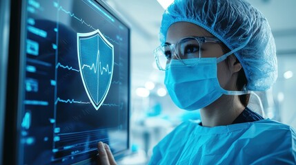 Poster - A healthcare professional in protective gear interacts with a digital screen displaying a security shield and medical data.