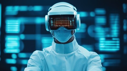 Poster - A futuristic figure in a high-tech suit and VR headset stands against a digital backdrop, embodying advanced technology and virtual reality.