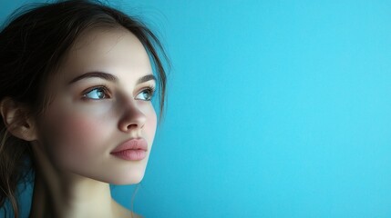 Wall Mural - Young Woman in Thoughtful Pose on Blue Background