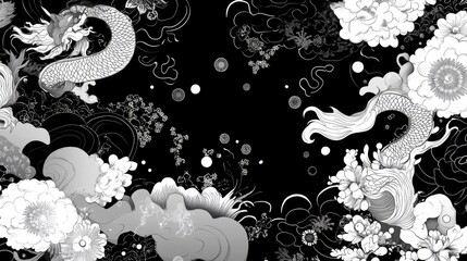 Poster - black and white abstract composition with traditional chinese motifs, blending modern minimalism and