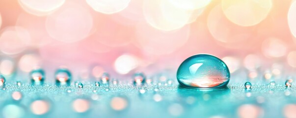 Poster - Droplets abstract background idea. A close-up of a vibrant droplet of water reflecting colors on a smooth surface.
