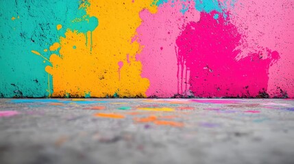 Poster - Graffiti abstract background concept. Vibrant wall splashes of color in yellow, turquoise, and pink with artistic paint drips.