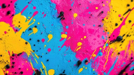 Poster - Graffiti abstract background concept. Vibrant abstract painting with splashes of blue, pink, yellow, and black for creative design.