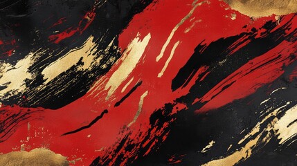 Poster - bold abstract brushstroke patterns in red and black, with golden accents, reflecting chinese cultura