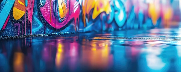 Poster - Graffiti abstract background concept. Vibrant graffiti reflecting in wet pavement, adding color and artistry to urban landscapes.