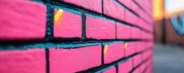 Poster - Graffiti abstract background concept. Vibrant pink brick wall with graffiti highlights in urban setting, showcasing creativity.