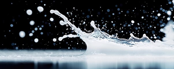 Poster - Droplets abstract background idea. A stunning splash of water isolated on a black background, showcasing fluid dynamics.