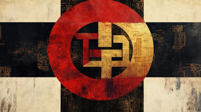 Bold abstract design featuring the Chinese luck symbol, with geometric red and gold shapes representing wealth and happiness.
