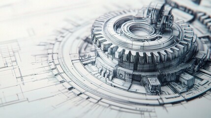 Poster - Abstract Engineering Drawing of Gears with Detailed Line Work