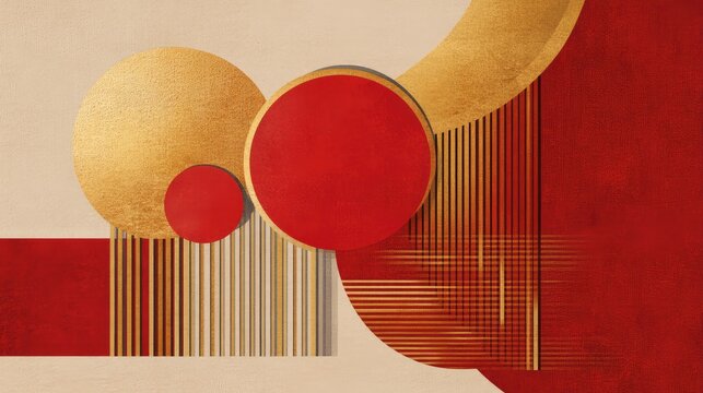 Bold abstract design featuring the Chinese luck symbol, with geometric red and gold shapes representing wealth and happiness.