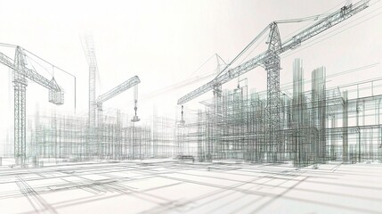 Poster - Detailed Wireframe Drawing of Industrial Building Construction Process