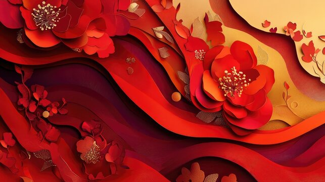 Bold abstract paper-cutting-inspired design for New Year with vibrant red layers and golden accents.