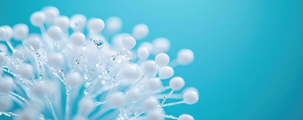 Poster - Droplets abstract background idea. A close-up of delicate white flower buds against a soft blue background.