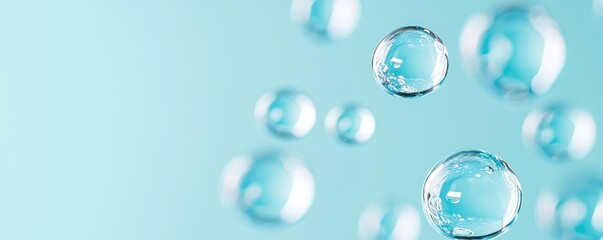 Poster - Droplets abstract background idea. Clear bubbles floating in a soft blue background, symbolizing purity and freshness.