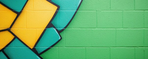 Poster - Graffiti abstract background concept. Vibrant geometric mural design featuring yellow and teal shapes on a green wall.