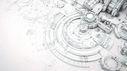 Poster - Detailed Mechanical Engine Technical Drawing on White Background