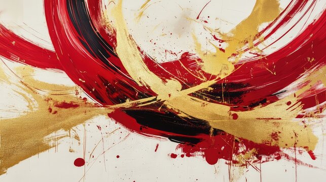 Bold calligraphy strokes in gold ink, mixed with abstract red brushstrokes and glowing accents.